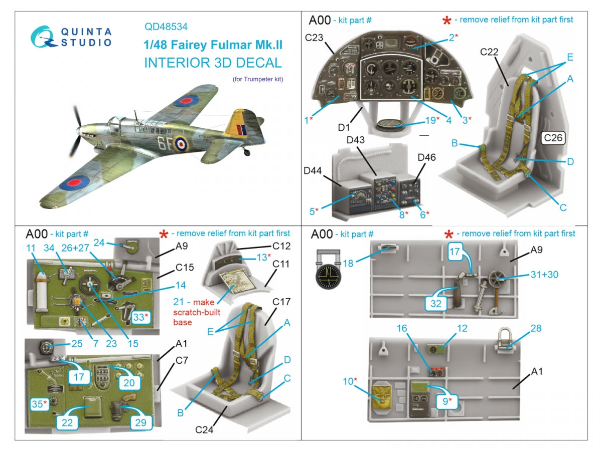 Quinta Studio QD48534 Fairey Fulmar Mk.II 3D-Printed &amp;amp; coloured Interior on decal paper (Trumpeter) 1/48 – immagine 2