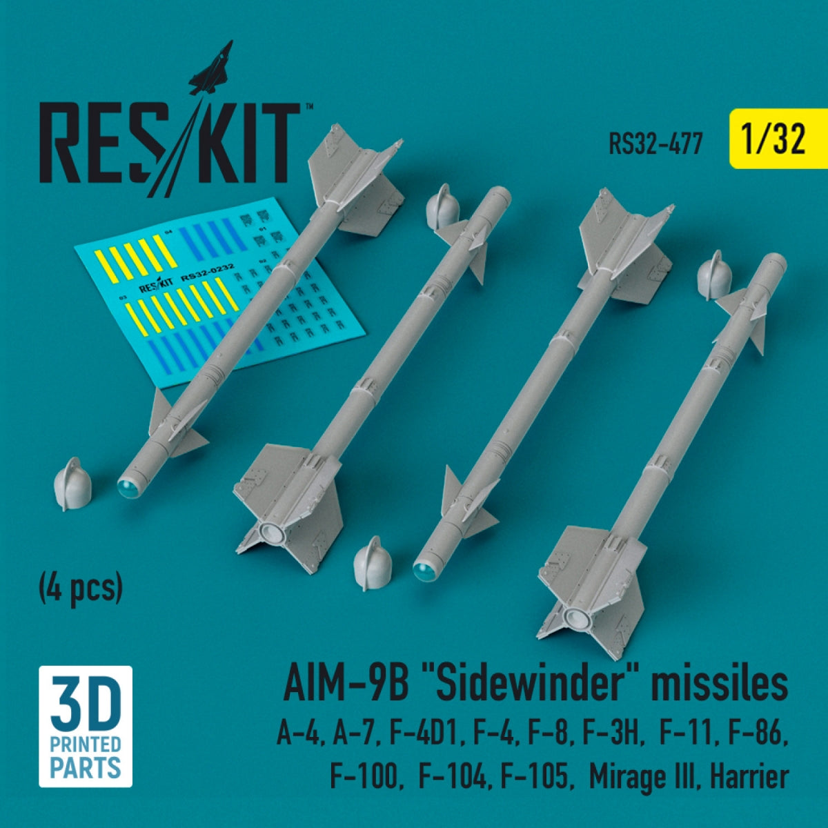 RESKIT RS32-0477 AIM-9B &amp;quot;Sidewinder&amp;quot; missiles (4 pcs) (3D Printed) 1/32