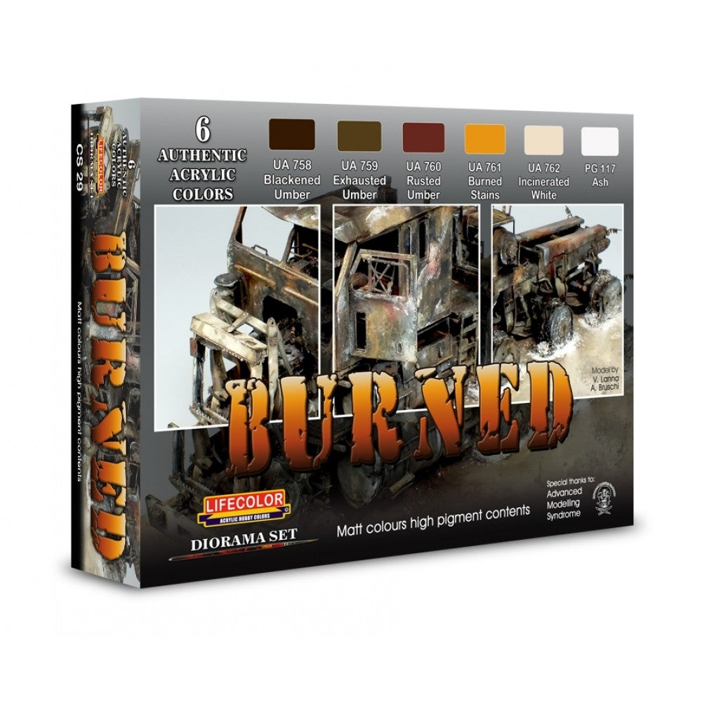 Coffret de peinture acrylique Lifecolor CS29 « Véhicules brûlés » (6 x 22 ml)