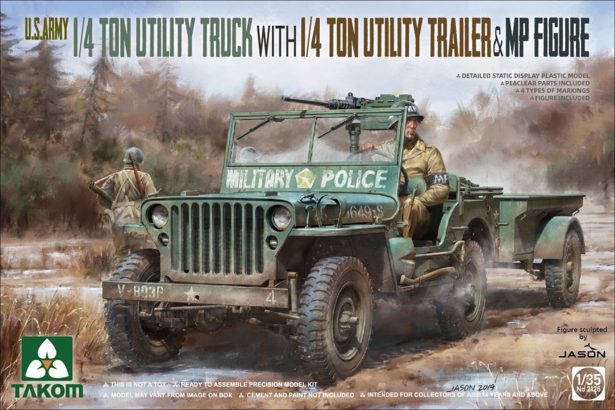 Camion utilitaire Takom 2126 de 1/4 tonne avec remorque utilitaire de 1/4 tonne et figurine MP à l&amp;#39;échelle 1/35