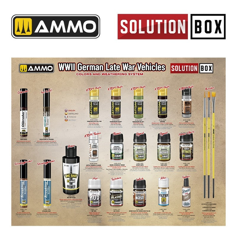 AMMO de Mig Jimenez 7729 SOLUTION BOX 23 – Véhicules allemands de fin de guerre de la Seconde Guerre mondiale. Système de couleurs et de vieillissement – image 3