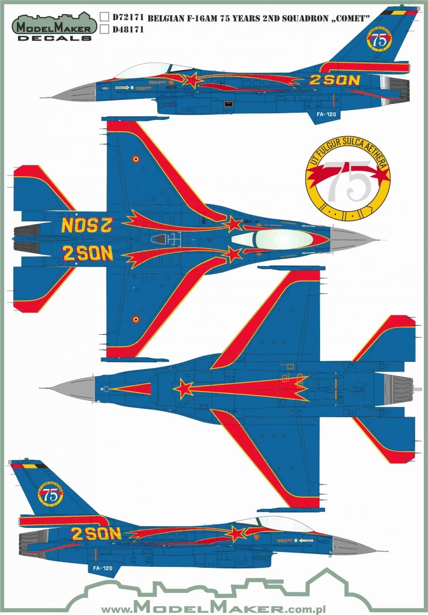 Décalcomanies ModelMaker D48171 F-16AM belge 75e anniversaire, 2e escadron « Comète », échelle 1/48
