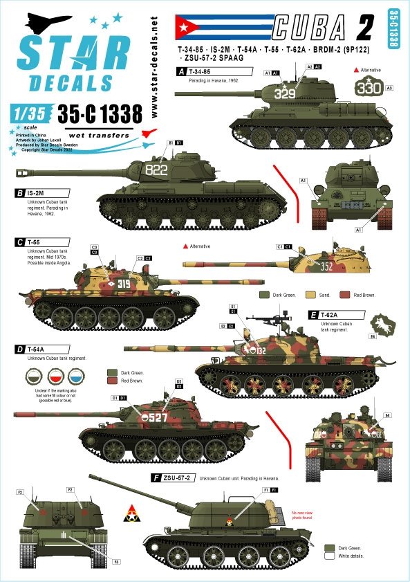 Star Decals 35-C1338 Tanks &amp;amp; AFVs in Cuba # 2. T-34-85, IS-2M, T-54A, T-55, T-62A, ZSU-57-2, BRDM-2 (9P122).1/35