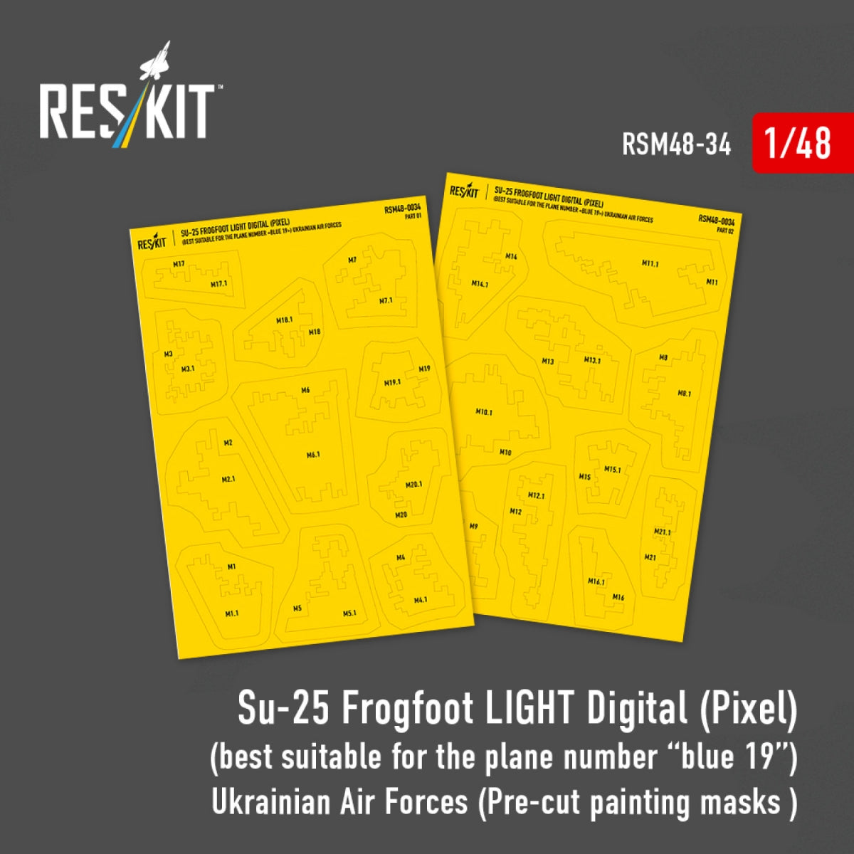 RESKIT RSM48-0034 Su-25 Frogfoot LIGHT Digital (Pixel) (best suitable for the plane number “blue 19”) Ukrainian Air Forces (Pre-cut painting masks )1/48