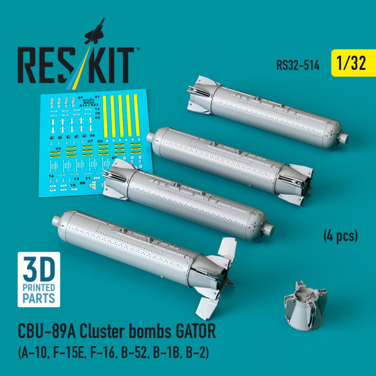 RESKIT RS32-0514 CBU-89A cluster bombs GATOR (4 pcs) (3D Printed) 1/32