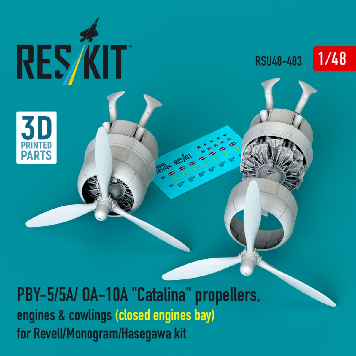 RESKIT RSU48-0483 PBY-5/5A/ OA-10A "Catalina" propellers, engines & cowlings (closed engines bay) for Revell/Monogram/Hasegawa kit (3D Printed) 1/48