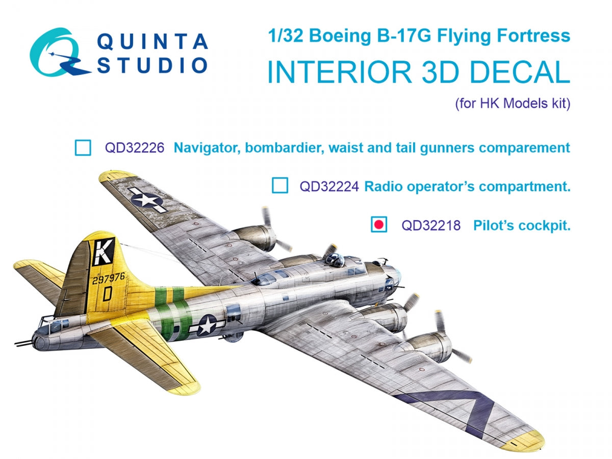 Quinta Studio QD32218 Compartiments du navigateur, du bombardier et des mitrailleurs latéraux et de queue du Boeing B-17G. Intérieur coloré imprimé en 3D (HK models) 1/32