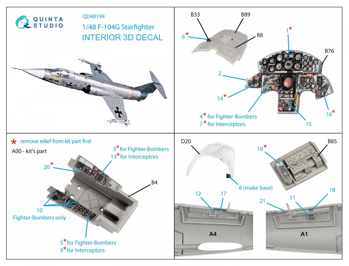Quinta Studio QD48199 F-104G 3D-Printed &amp;amp; coloured Interior on decal paper (Kinetic) 1/48 – imagen 2