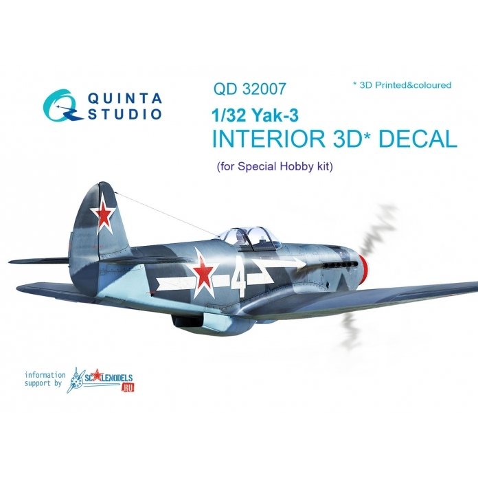 Quinta Studio QD32007 Yak-3 3D-Printed &amp;amp; coloured Interior on decal paper (for Special Hobby kit) 1/32