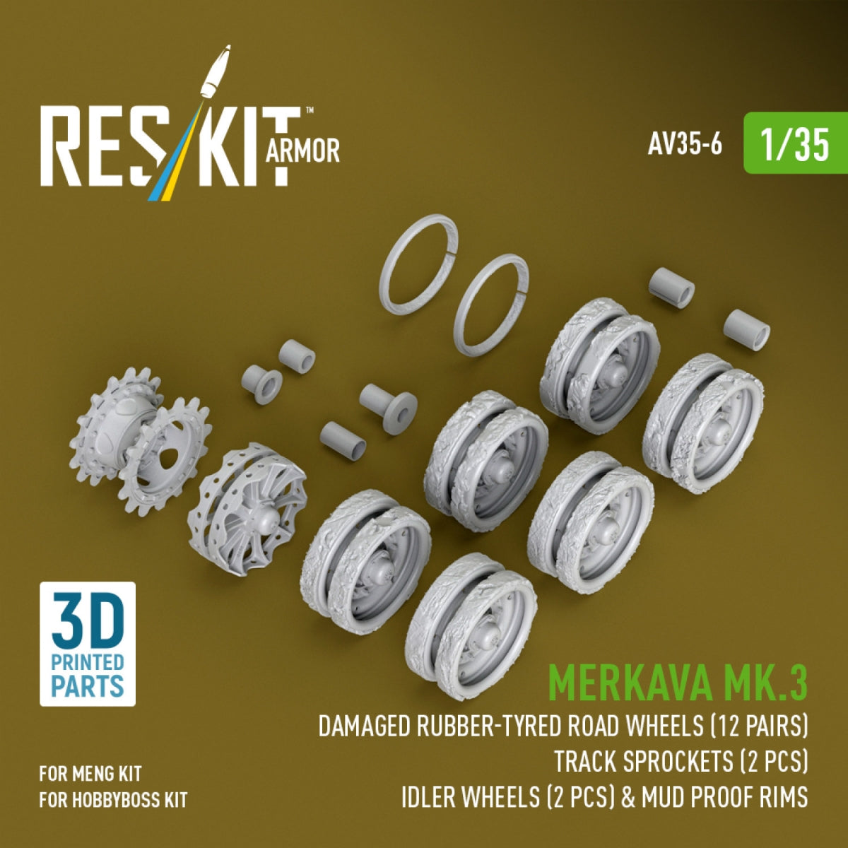 RESKIT AV35-0006 Merkava Mk.3 damaged rubber-tyred road wheels (12 pairs), track sprockets (2 pcs), idler wheels (2 pcs) & mud proof rims for Meng/HobbyBoss kit (3D Printed) 1/35