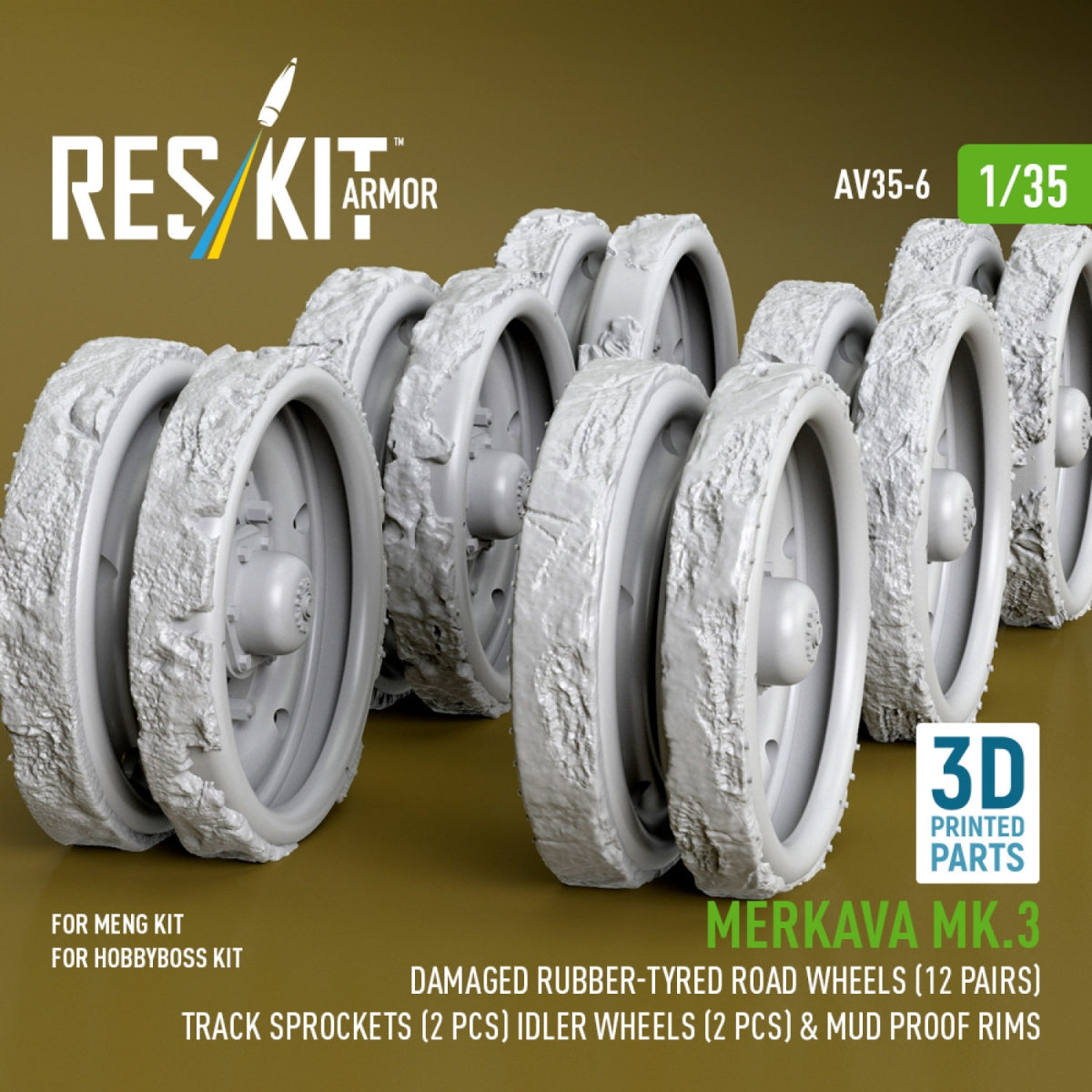 RESKIT AV35-0006 Merkava Mk.3 damaged rubber-tyred road wheels (12 pairs), track sprockets (2 pcs), idler wheels (2 pcs) &amp; mud proof rims for Meng/HobbyBoss kit (3D Printed) 1/35