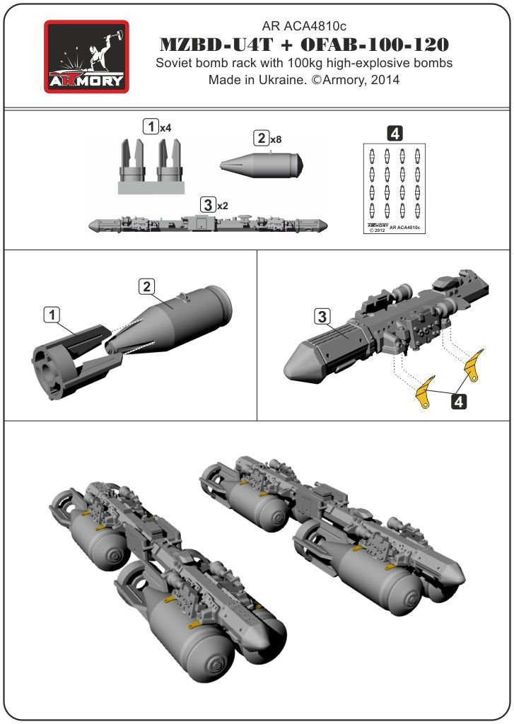 Armory Models ACA4810c MZBD-4UT w/ 4x OFAB-100-120 Soviet high-explosive bombs, resin ordnance set w/ PE parts 1/48 – immagine 4