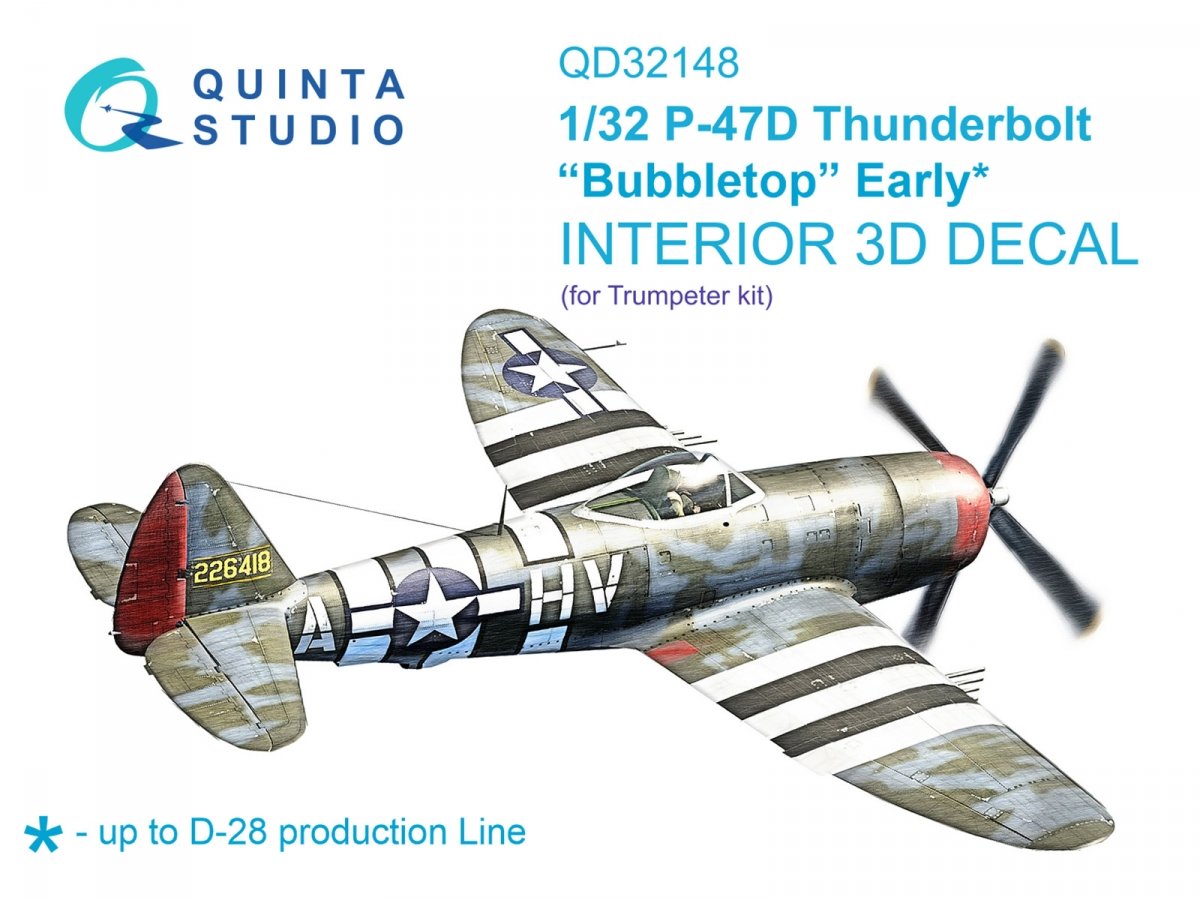 Quinta Studio QD32148 P-47D Thunderbolt Bubbletop Early 3D-Printed &amp; colored Interior on decal paper (Trumpeter) 1/32
