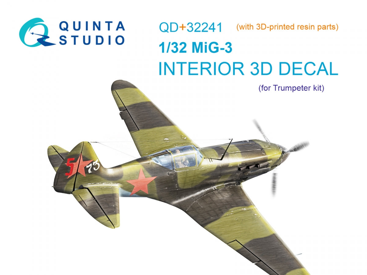 Quinta Studio QD+32241 MiG-3 3D-Printed & coloured Interior on decal paper (Trumpeter) (with 3D-printed resin parts) 1/32
