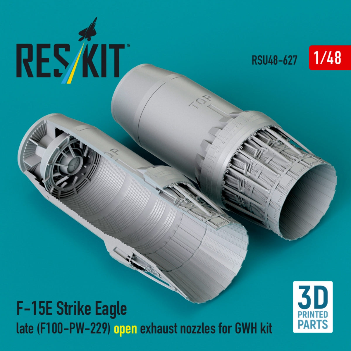 RESKIT RSU48-0627 F‑15E Strike Eagle late (F100-PW-229) open exhaust nozzles for GWH kit (3D Printed) 1/48