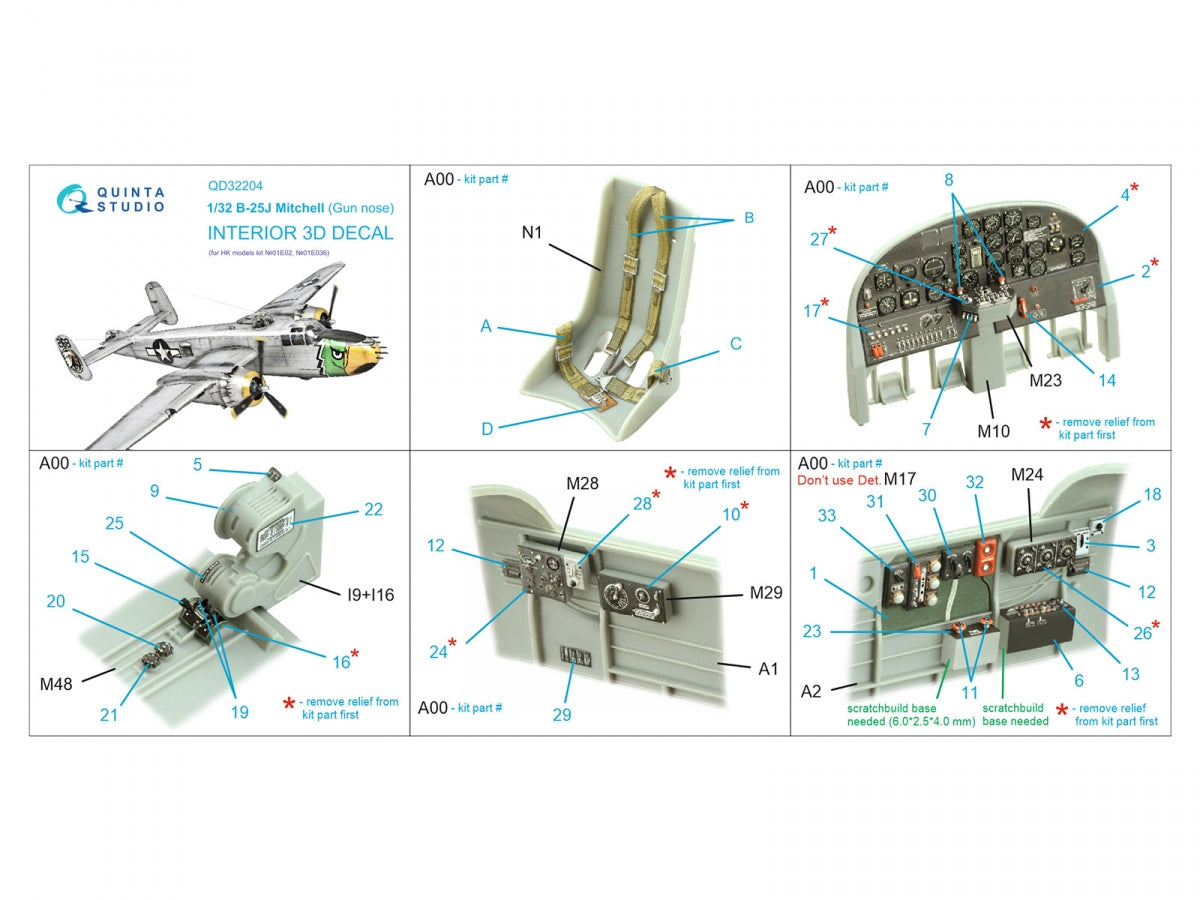 Quinta Studio QD32204 B-25J Mitchell Gun nose 3D-Printed &amp;amp; coloured Interior on decal paper (HK models) 1/32 – imagen 2