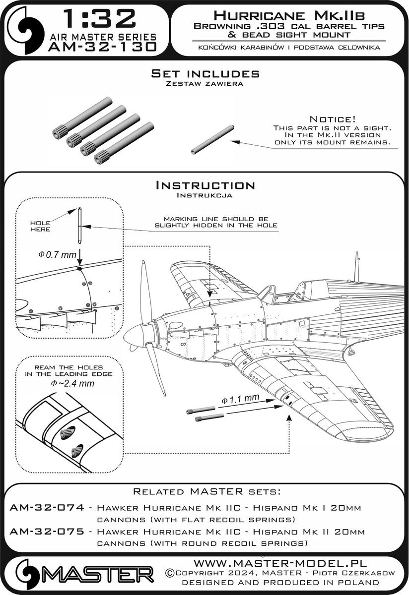 Master AM-32-130 Hawker Hurricane Mk.IIb - Embouts de canon Browning .303 et embase de visée 1/32 – image 2