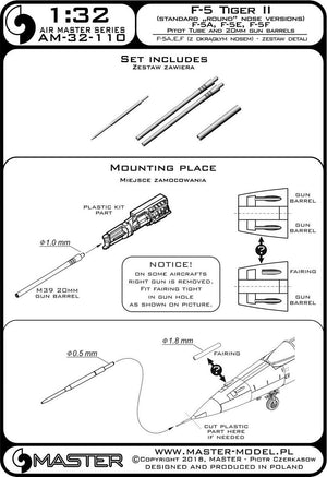 Master AM-32-110 F-5 Tiger II &amp;quot;Freedom Fighter&amp;quot; (round nose version) - F-5A, E, F - detail set - Pitot tube and 20mm gun barrels 1/32 – image 3