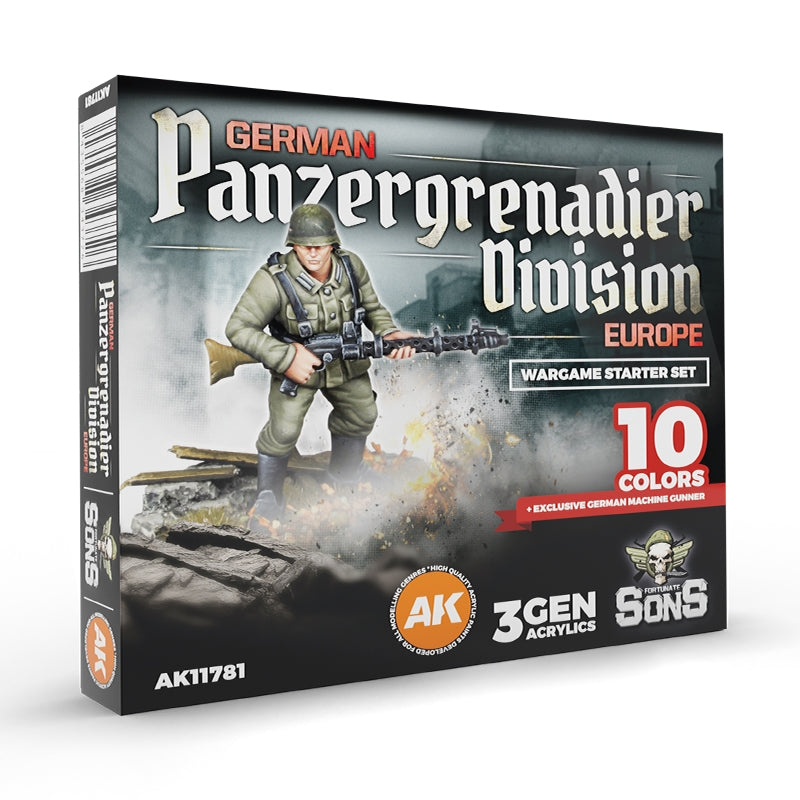 AK Interactive AK11781 GERMAN PANZERGRENADIER DIVISION, EUROPE – WARGAME STARTER SET – 10 COLORS & EXCLUSIVE FIGURE (GERMAN MACHINE GUNNER)