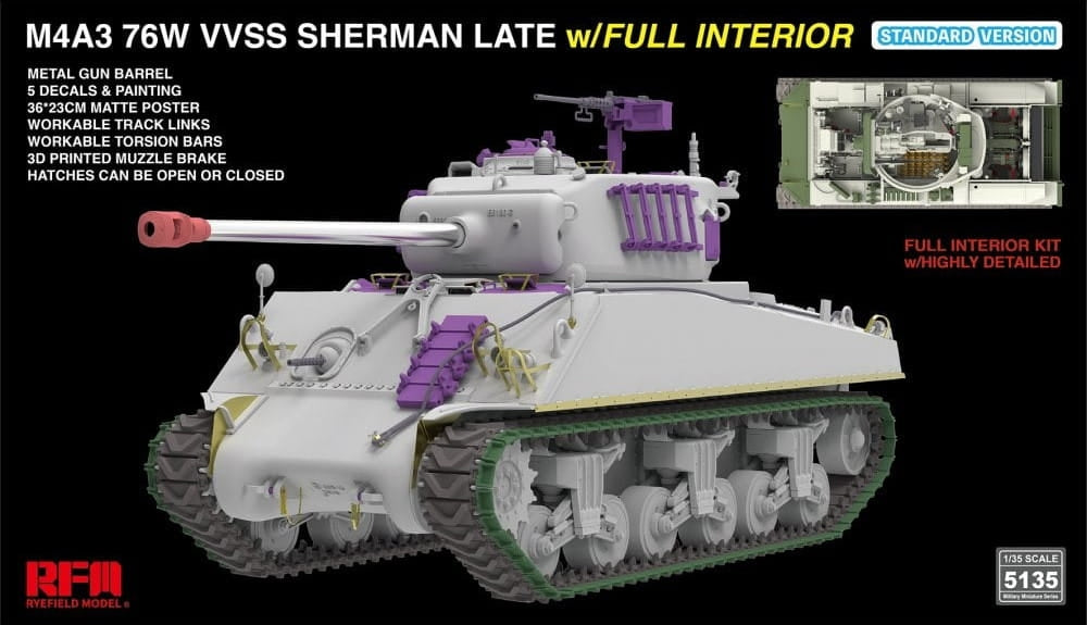 Rye Field Model 5135 M4A3 76W VVSS Sherman Late Standart Version Full Interior 1/35 – imagen 2