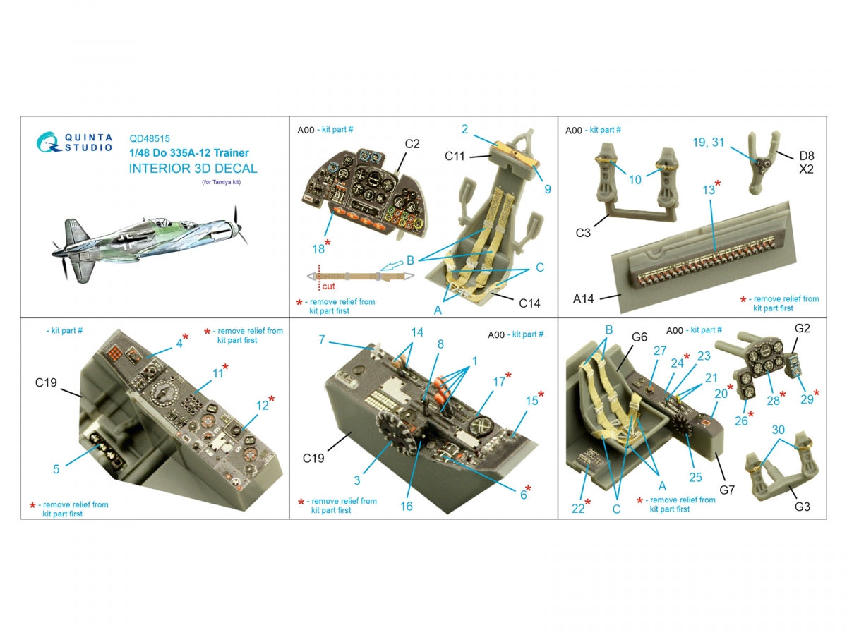 Intérieur imprimé en 3D et coloré sur papier décalcomanie Quinta Studio QD48515 Do 335A-12 Trainer (Tamiya) 1/48 – image 2