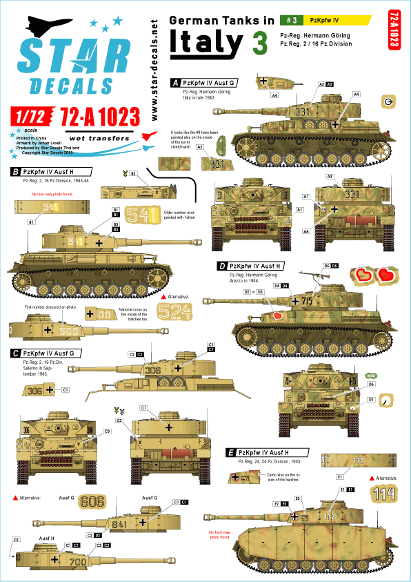 Star Decals 72-A1023 Chars allemands en Italie n° 3. PzKpfw IV. Échelle 1/72