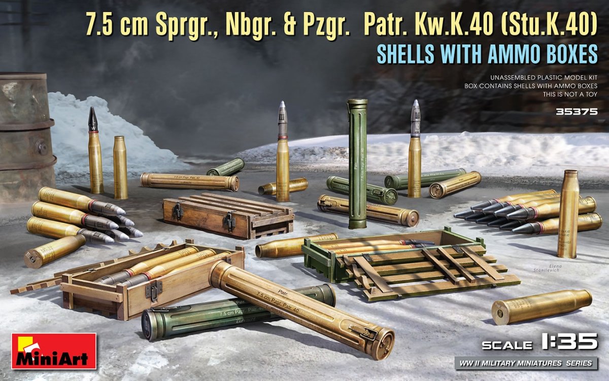 MiniArt 35375 Obus de 7,5 cm Sprgr., Nbgr. et Pzgr. Voir Kw.K.40 (Stu.K.40) avec boîtes de munitions 1/35