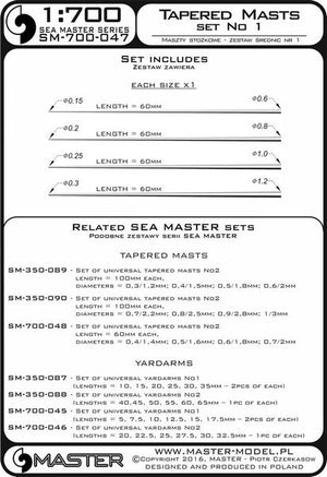 Master SM-700-047 Set of universal tapered masts No1 (length = 60mm each, diameters = 0,15/0,6mm; 0,2/0,8mm; 0,25/1mm; 0,3/1,2mm) 1/700 – imagen 3