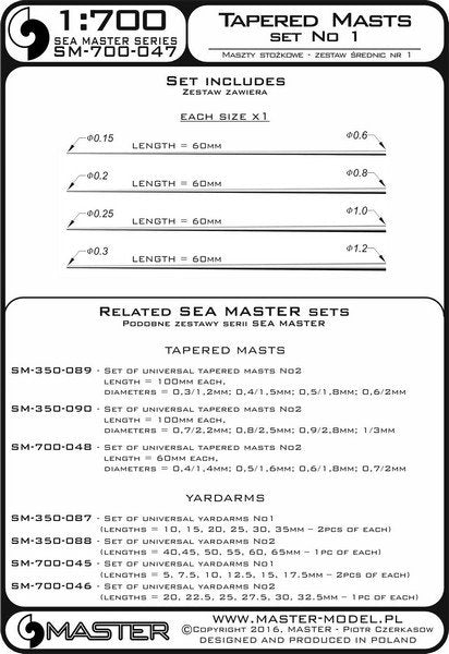Master SM-700-047 Set of universal tapered masts No1 (length = 60mm each, diameters = 0,15/0,6mm; 0,2/0,8mm; 0,25/1mm; 0,3/1,2mm) 1/700 – imagen 3