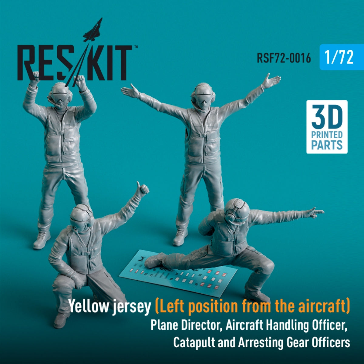 RESKIT RSF72-0016 MAILLOT JAUNE (POSITION À GAUCHE DE L'AVION) DIRECTEUR DE VOL, OFFICIER DE MANŒUVRE, OFFICIERS DE CATAPULTE ET DE PISTE D'ARRÊT (4 PIÈCES) (IMPRIMÉ EN 3D) 1/72