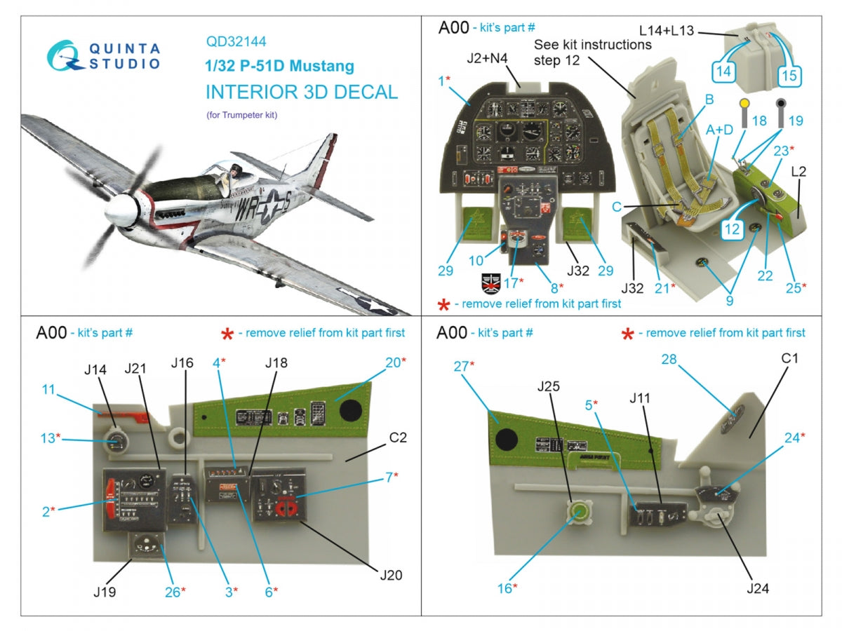 Quinta Studio QD32144 P-51D Mustang 3D-Printed &amp;amp; coloured Interior on decal paper (Trumpeter) 1/32 – immagine 2