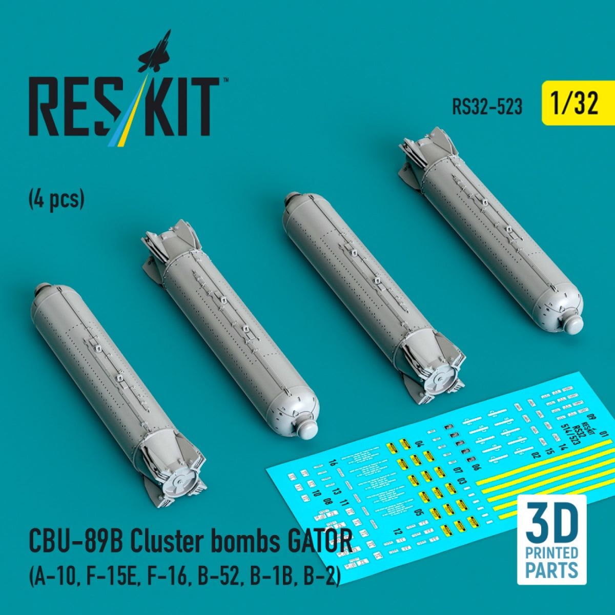 RESKIT RS32-0523 Bombes à fragmentation CBU-89B GATOR (4 pièces) (Impression 3D) 1/32