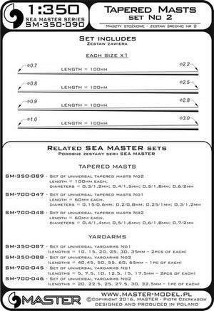 Master SM-350-090 Set of universal tapered masts No2 (length = 100mm each, diameters = 0,7/2,2mm; 0,8/2,5mm; 0,9/2,8mm; 1/3mm) 1/350 – Bild 3
