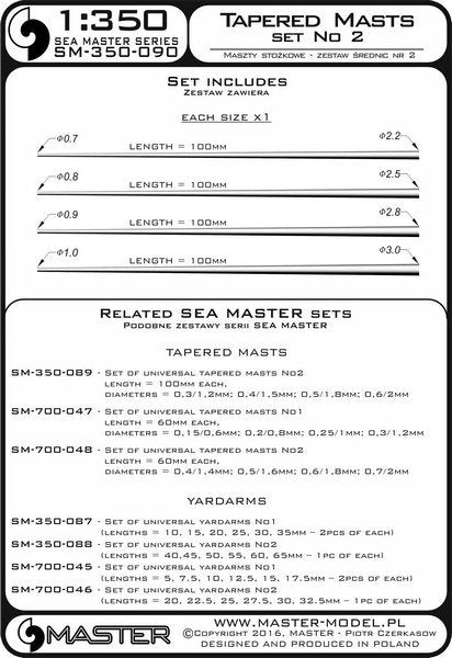 Master SM-350-090 Set of universal tapered masts No2 (length = 100mm each, diameters = 0,7/2,2mm; 0,8/2,5mm; 0,9/2,8mm; 1/3mm) 1/350 – Bild 3