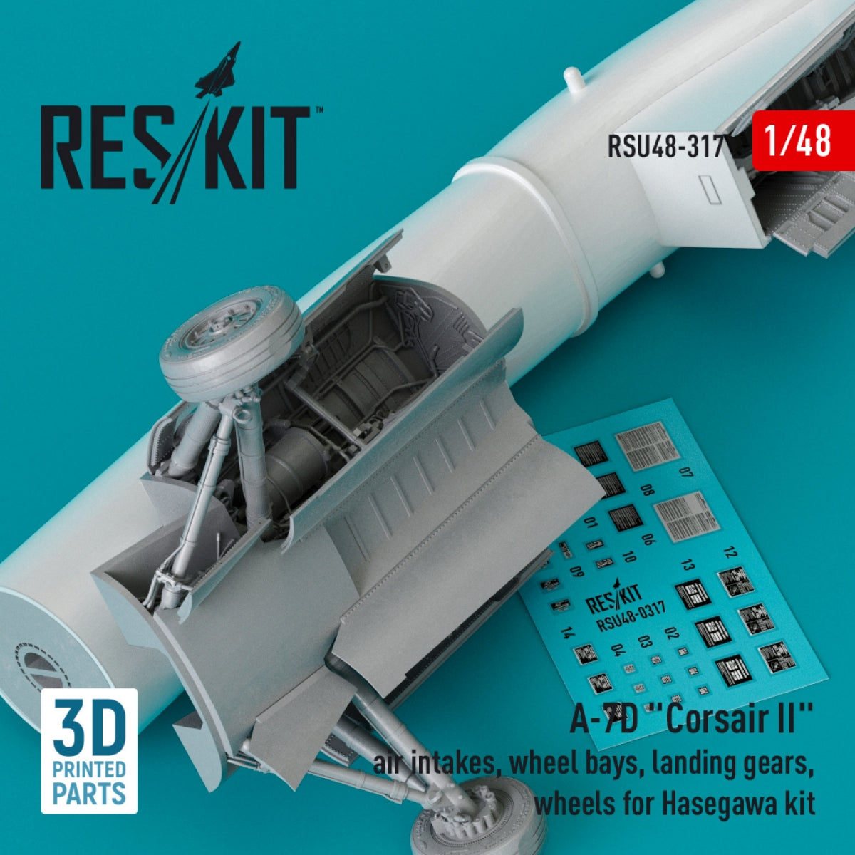RESKIT RSU48-0317 A-7D « CORSAIR II » : prises d&amp;#39;air, puits de train d&amp;#39;atterrissage, trains d&amp;#39;atterrissage, roues pour maquette Hasegawa (impression 3D) au 1/48 – image 2
