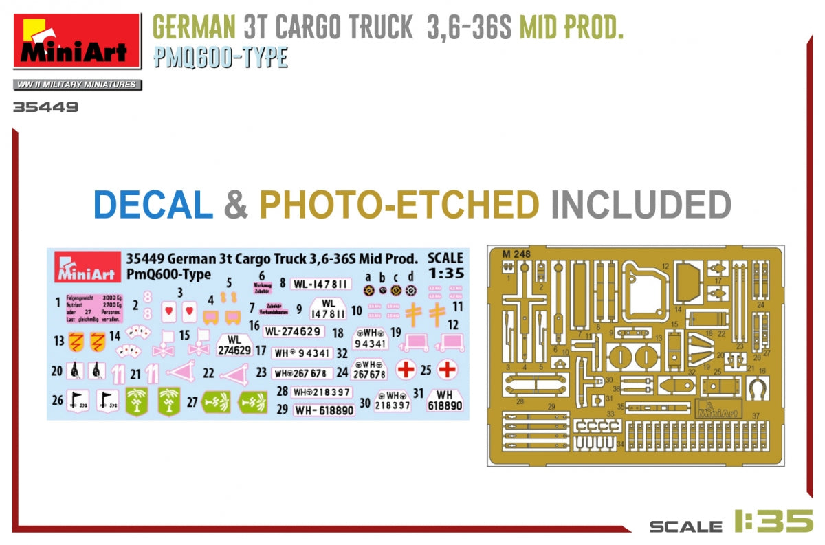 Miniart 35449 GERMAN 3T CARGO TRUCK 3,6-36S MID PROD. PMQ600-TYPE 1/35 – immagine 7