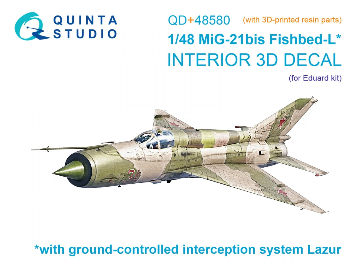 Quinta Studio QD+48580 MiG-21bis early Fishbed-L 3D-Printed &amp;amp; coloured Interior on decal paper (Eduard) (with 3D-printed resin parts) 1/48