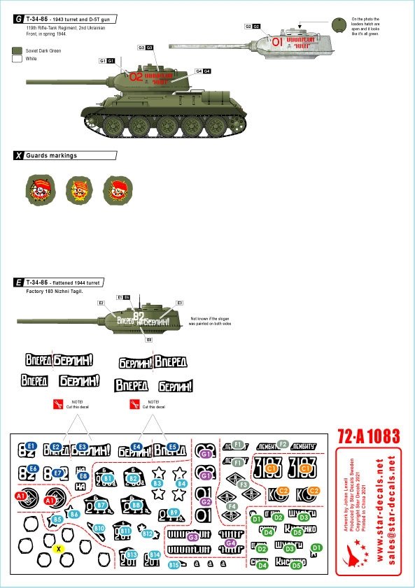 Star Decals 72-A1083 Chars soviétiques T-34-85 1944-45. Tourelle aplatie de 1944 et tourelle de l&amp;#39;usine 183 de Nijni Taguil. Échelle 1/72 – image 3