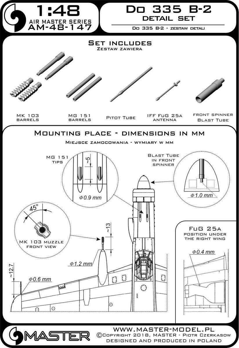 Master AM-48-147 Do 335 B-2 – zestaw detali – MG 151, końcówka MK-103, antena FuG 25a, rurka Pitota 1/48 – zdjęcie 3