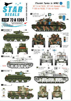 Star Decals 72-A1006 BT-5 m/1933, BT-42 Assault Gun, T-28 m/1938 and T-28 m/1940 1/72