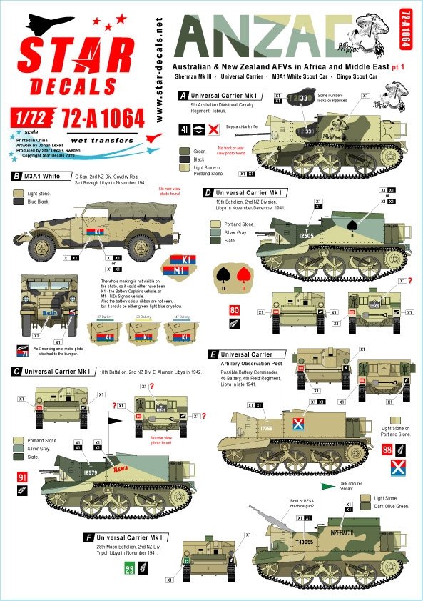 Star Decals 72-A1064 ANZAC n° 1 Chars et véhicules blindés néo-zélandais et australiens en Afrique et au Moyen-Orient pendant la Seconde Guerre mondiale. Échelle 1/72