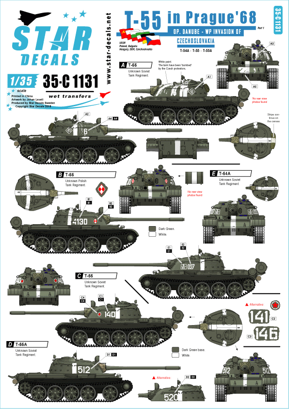 Star Decals 35-C1131 T-55 à Prague &amp;#39;68 1/35