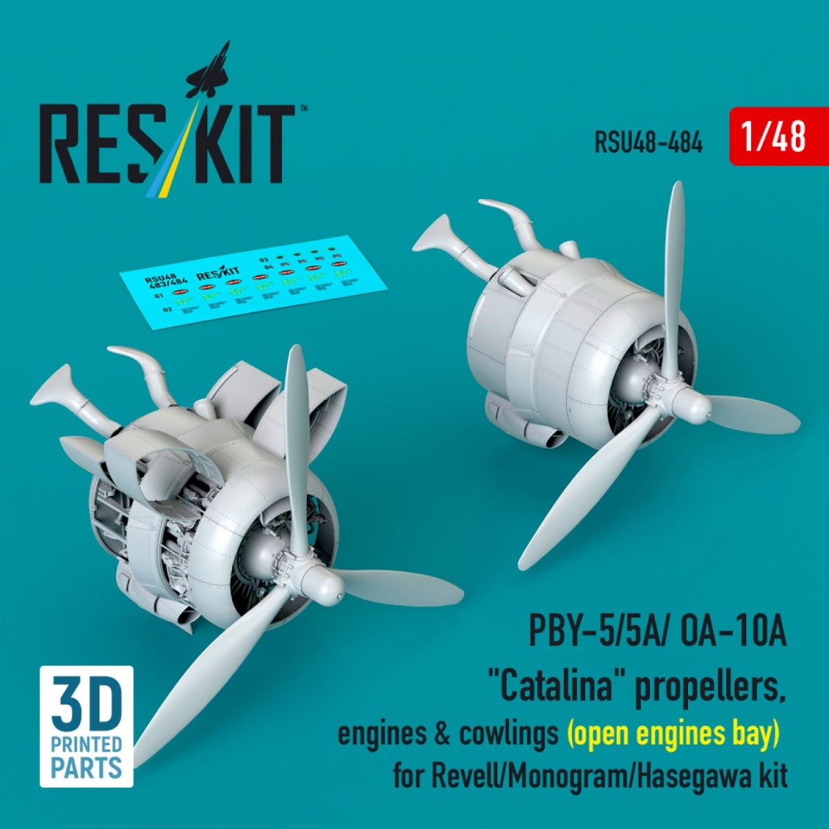 RESKIT RSU48-0484 PBY-5/5A/ OA-10A "Catalina" propellers, engines & cowlings (open engines bay) for Revell/Monogram/Hasegawa kit (3D Printed) 1/48