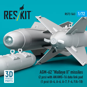 RESKIT RS72-0563 AGM-62 "Walleye II" missiles (2 pcs) with AN/AWG-16 data link pod (1 pcs) (A-4, A-6, A-7, F-4, F/A-18) (3D Printed) 1/72