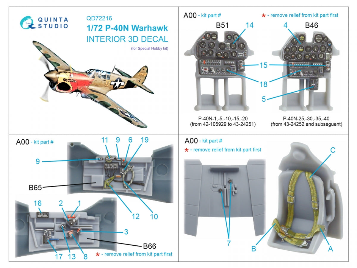 Quinta Studio QD72216 P-40N Warhawk 3D-Printed &amp;amp; coloured Interior on decal paper (Special Hobby) 1/72 – imagen 11