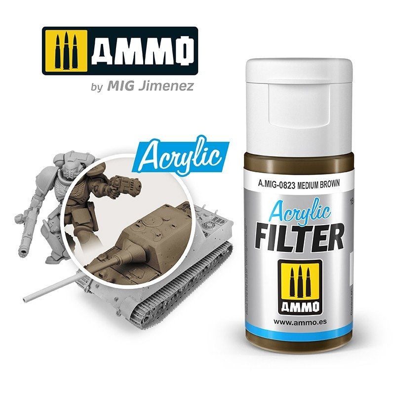 Filtre acrylique Ammo of Mig 0823, brun moyen, 15 ml