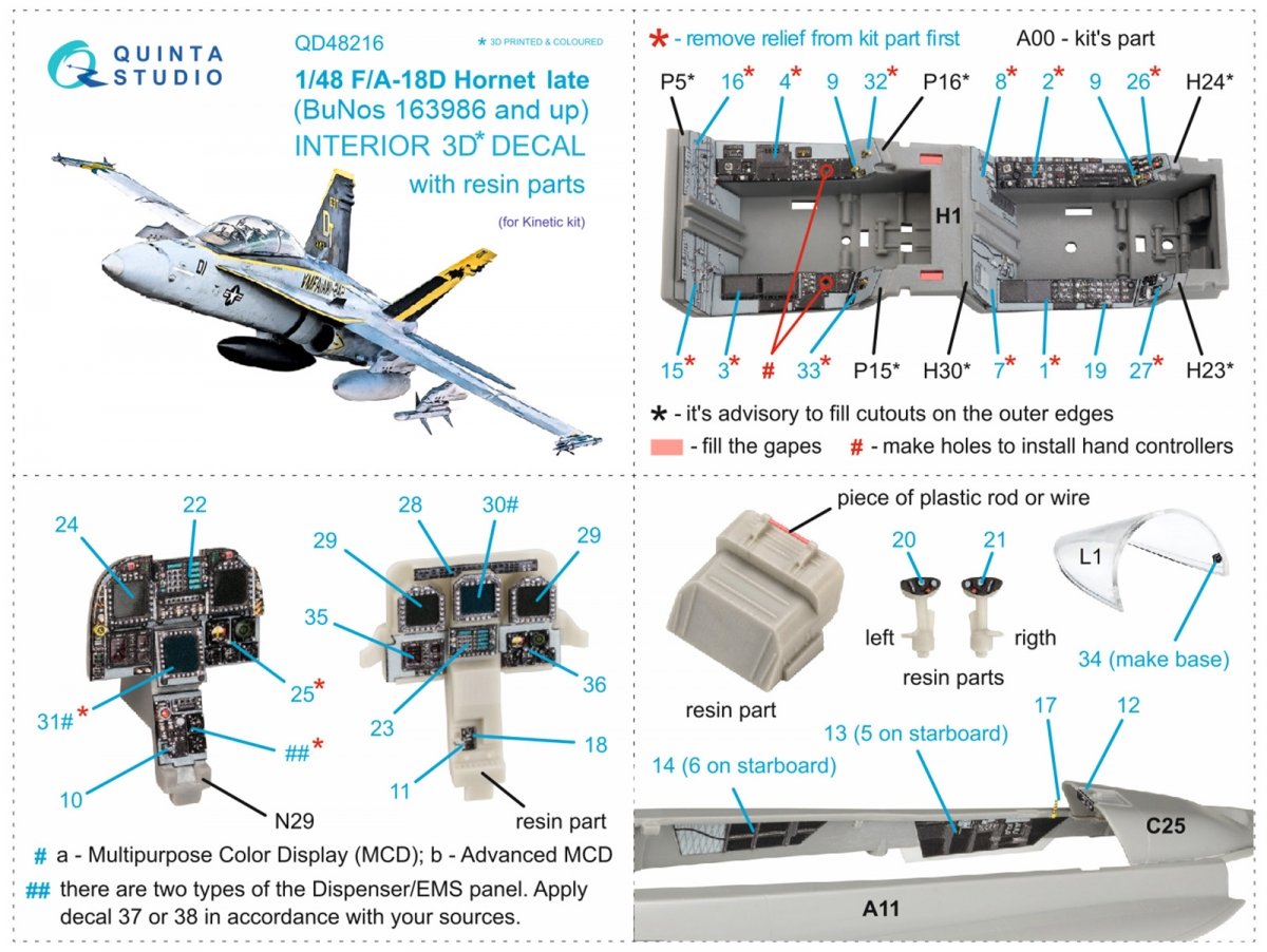 Quinta Studio QD48216 F/A-18D Late 3D-Printed &amp;amp; coloured Interior on decal paper with resin parts (Kinetic) 1/48 – immagine 9