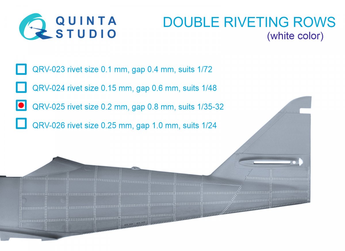 Quinta Studio QRV-025 Double riveting rows (rivet size 0.20 mm, gap 0.8 mm, suits 1/32 scale), White color, total length 5.8 m/19 ft