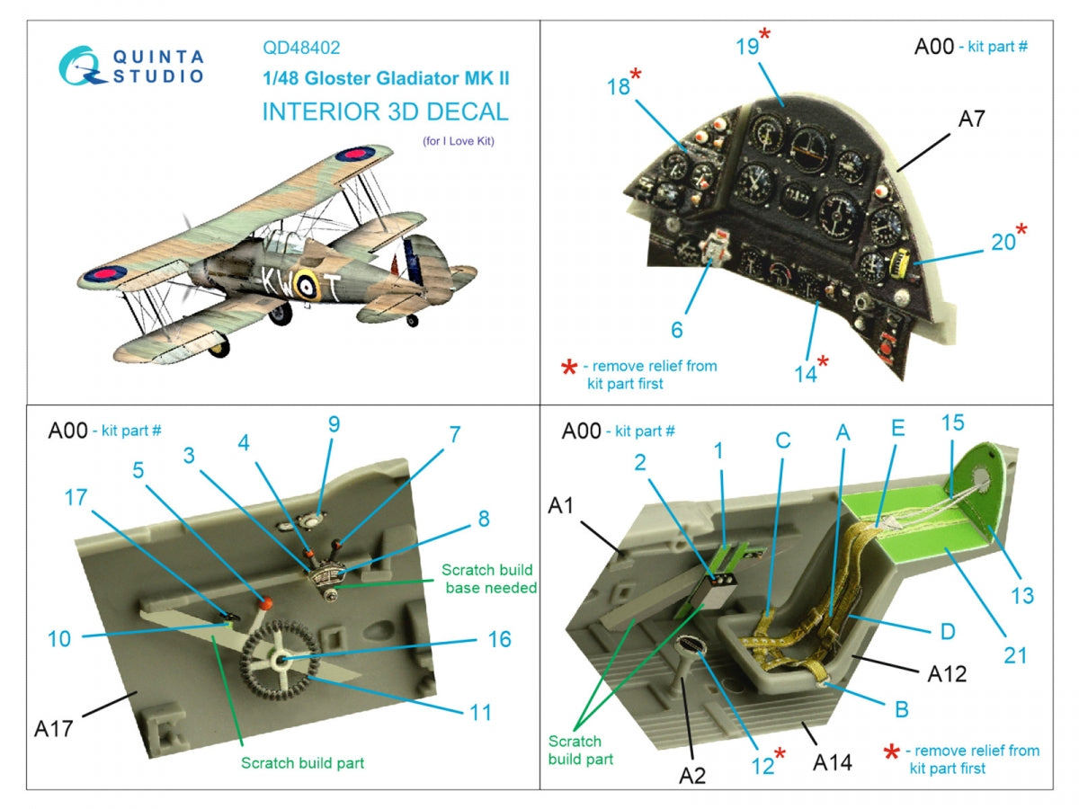 Quinta Studio QD48402 Gloster Gladiator MKII 3D-Printed &amp;amp; coloured Interior on decal paper (I Love Kit) 1/48 – imagen 2