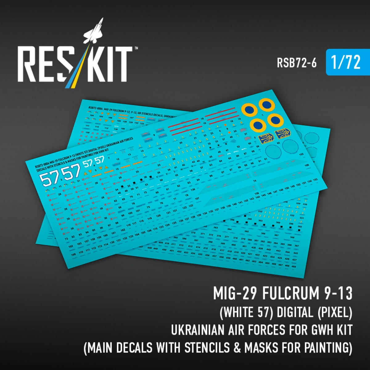 RESKIT RSB72-0006 MiG-29 Fulcrum 9-13 (White 57) Digital (Pixel) Ukrainian Air Forces for GWH kit (Main Decals with Stencils &amp; Masks for painting)1/72